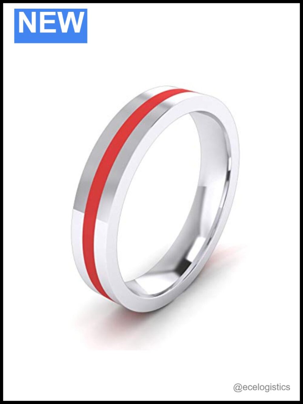 4mm Sterling Silver Flat Wedding Band Red Silicone Inlay Ring